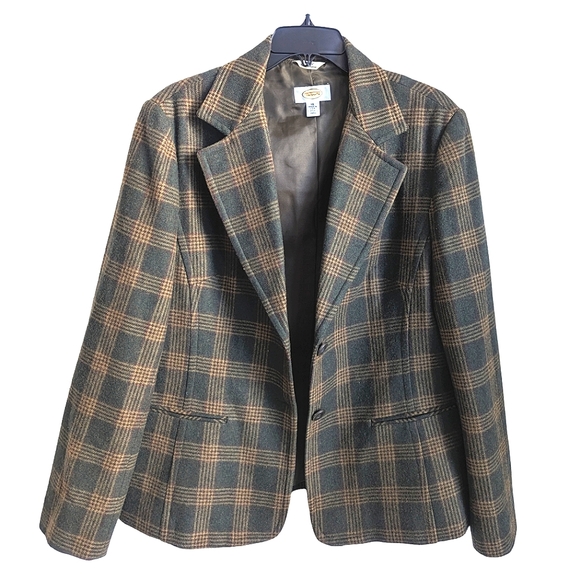 Vintage Talbots Plaid Green Tan Blazer Size 14 - Picture 6 of 10